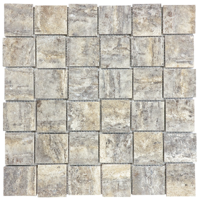 2"x2" Silver Ash Veincut Filled & Polished Travertine Basketweave Mosaic Tile