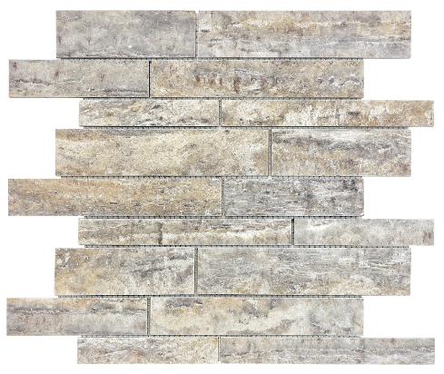 Silver Ash Veincut Filled & Honed Travertine Random Strip Mosaic Tile