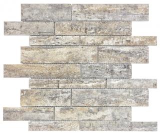 Silver Ash Veincut Filled & Polished Travertine Random Strip Mosaic Tile