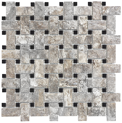 Silver Ash Filled & Honed Travertine Basketweave Mosaic Tile