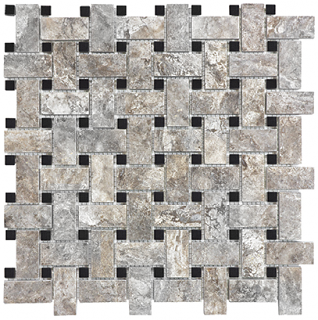 Silver Ash Filled & Honed Travertine Basketweave Mosaic Tile