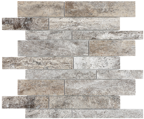 Silver Ash Filled & Honed Travertine Random Strip Mosaic Tile