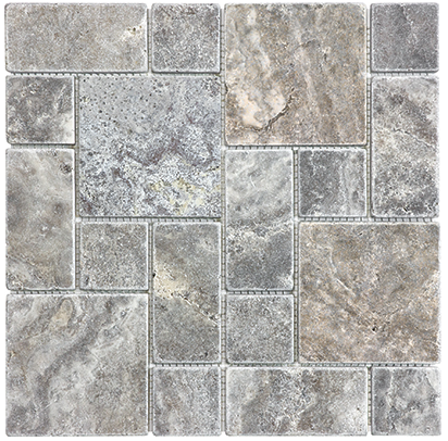 Silver Ash Tumbled Travertine Roman Pattern Mosaic Tile