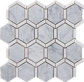 Project Deco Carrara & Thassos (Dark Blend) Framed Hexagon Natural Stone Mosaic Tile (12"x12" Sheet)