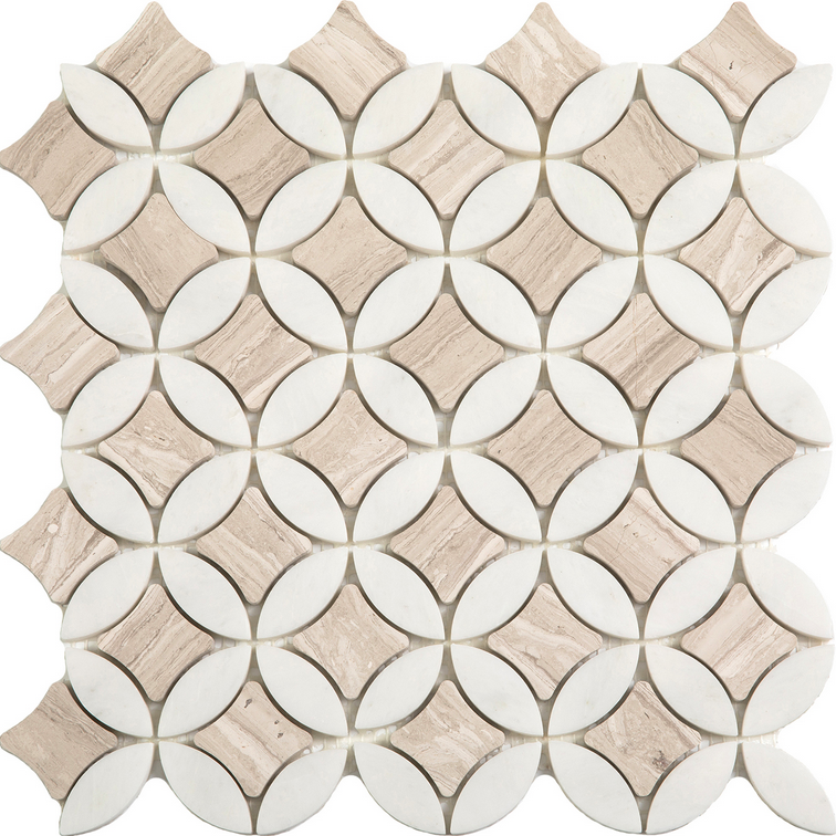 Project Deco Wooden White & Paper White Superellipse Natural Stone Mosaic Tile (12"x12" Sheet)