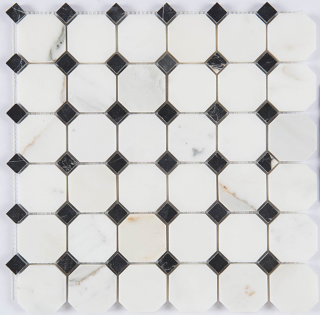 Milstone - Calacatta Octagon w/ Black Dot Mosaic (11.8"x11.8" sheet)