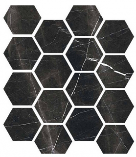 Milestone - 3"x3" Luxury NERO MARQUINA Polished Porcelain Hexagon Mosaic Tile (10 Pc. Pack - 9"x11" Sheet)
