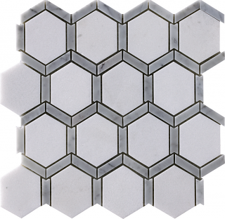 Project Deco Thassos & Carrara (Light Blend) Natural Stone Framed Hexagon Mosaic Tile (12"x12" Sheet)