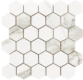 Happy Floors - Statuario Luxe Polished Porcelain Small Hexagon Mosaic Tile (10-1/2"x11" Sheet)